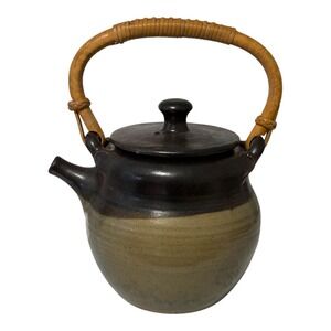 Vintage Studio Pottery Signed Teapot Two Tone Brown Green Glaze Bamboo Handle